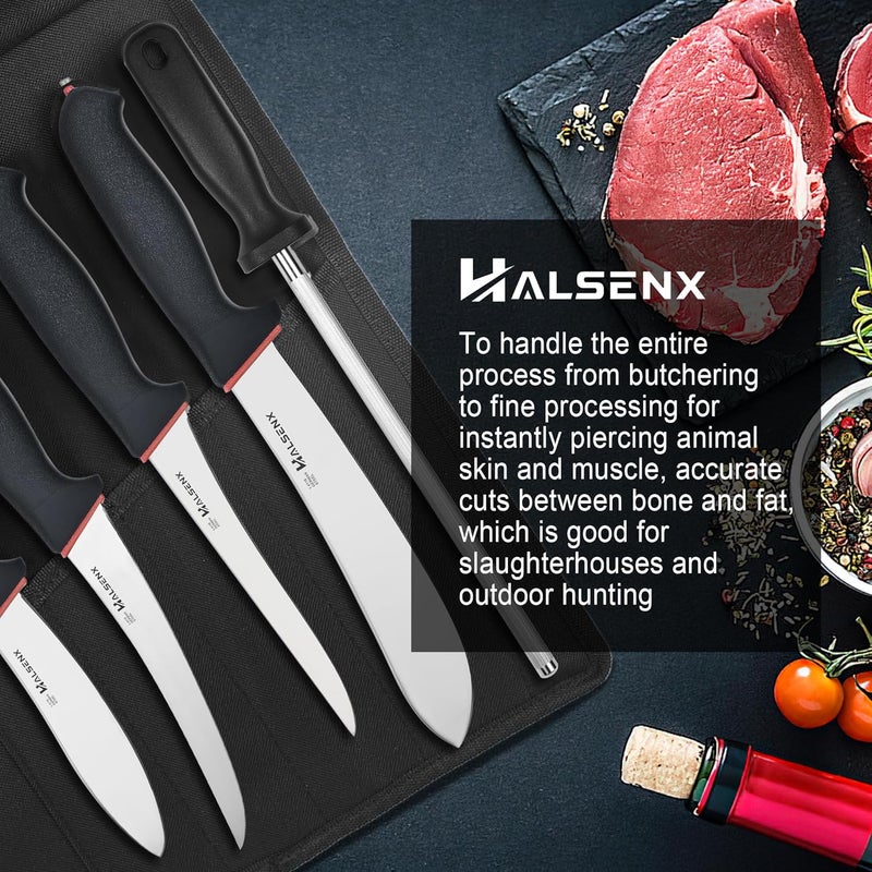 HALSENX 6PCS Professional Butcher Knife Set - 1.4116 German Steel & Softgrip, 8" Butcher, 6" Semi-Flex/Stiff Boning, 5" Skinning, 8" Sharpener Rod & Knife Roll Bag for Home Kitchen, Camping, Hunting - Image 5